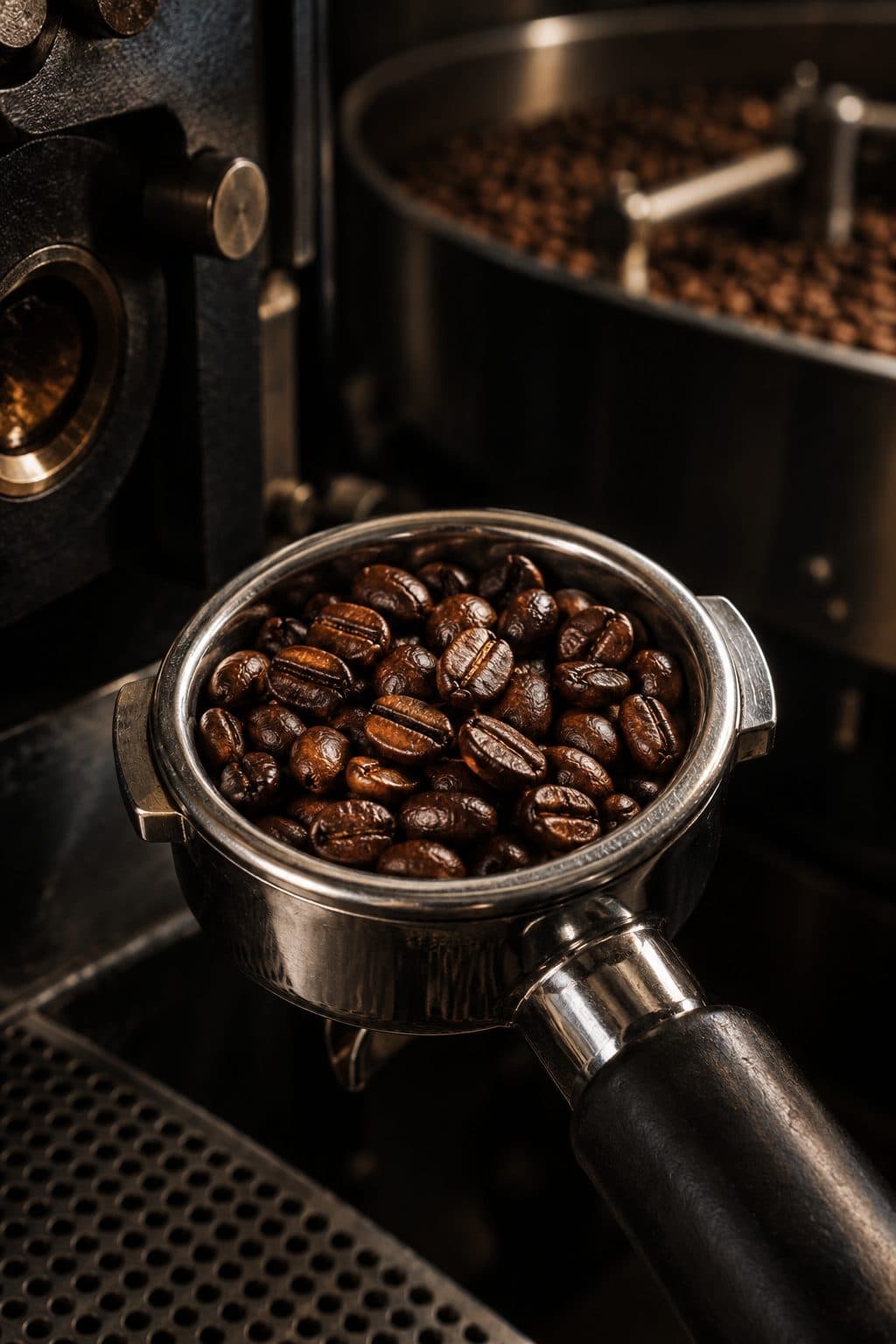 Portafilter filled with freshly roasted beans
